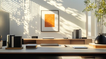A desk with a framed orange and white picture on it