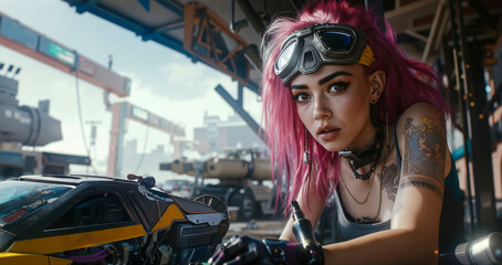 Fototapeta premium A woman with pink hair and goggles sitting next to a motorcycle