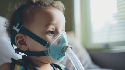 A young child wears a breathing mask, receiving medical treatment while gazing thoughtfully out of the window in a softly lit room.