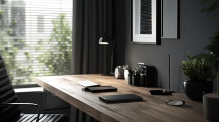 A desk with a laptop, a cell phone, a notebook, and a clock