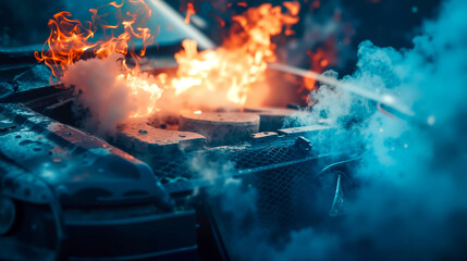 A car engine on fire with smoke coming out of it