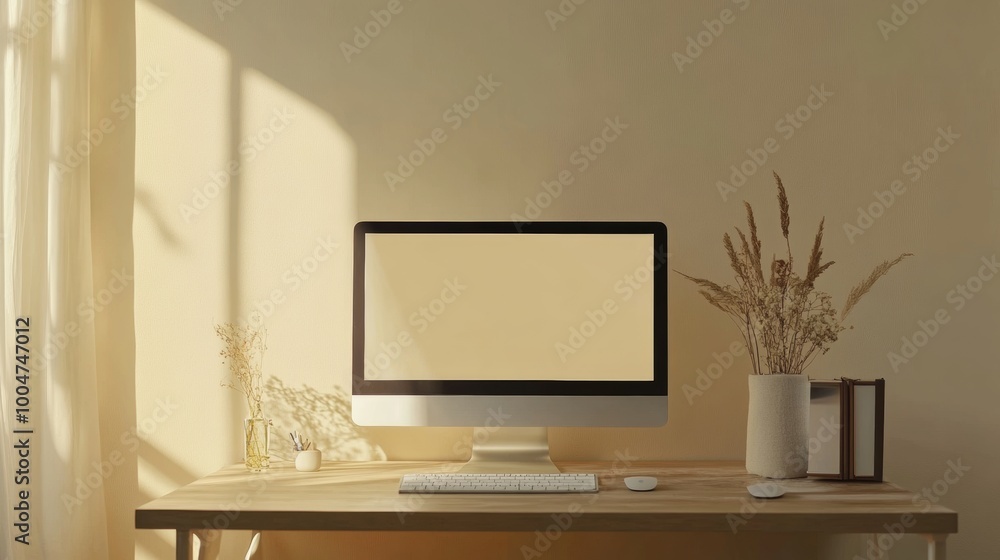 Poster a computer monitor sits on a desk in front of a window