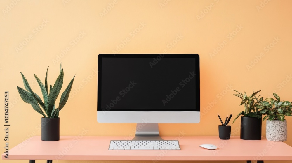 Poster a computer monitor sits on a desk with a few potted plants in the background