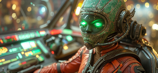 A man in a space suit sitting in a cockpit with green eyes