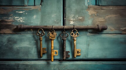 Four antique keys hang from a quaint, weathered wooden wall, exuding nostalgia and old-world charm through their vintage design and rustic setting.