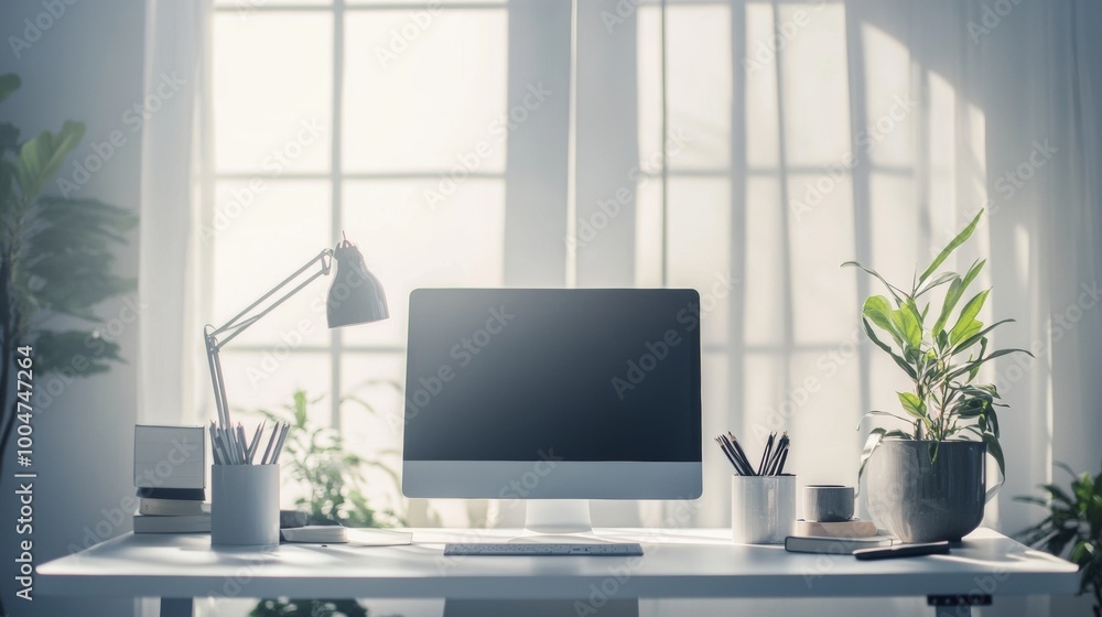Poster a computer desk with a monitor, keyboard, and mouse