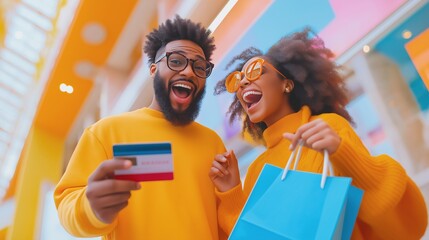 Happy young African American couple enjoying discounts and sales during Black Friday, Christmas, and Cyber Monday shopping season, celebrating retail excitement together