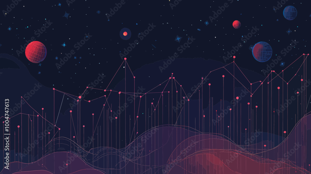Aufkleber starry sky growth chart with vector wireframe planets and stars - abstract minimalist svg concept of