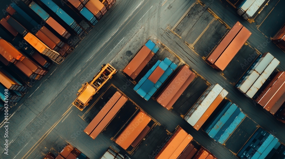 Poster aerial view of a busy shipping yard with colorful containers organized for loading and unloading ope