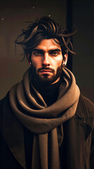 A man with long hair and a beard wearing a scarf