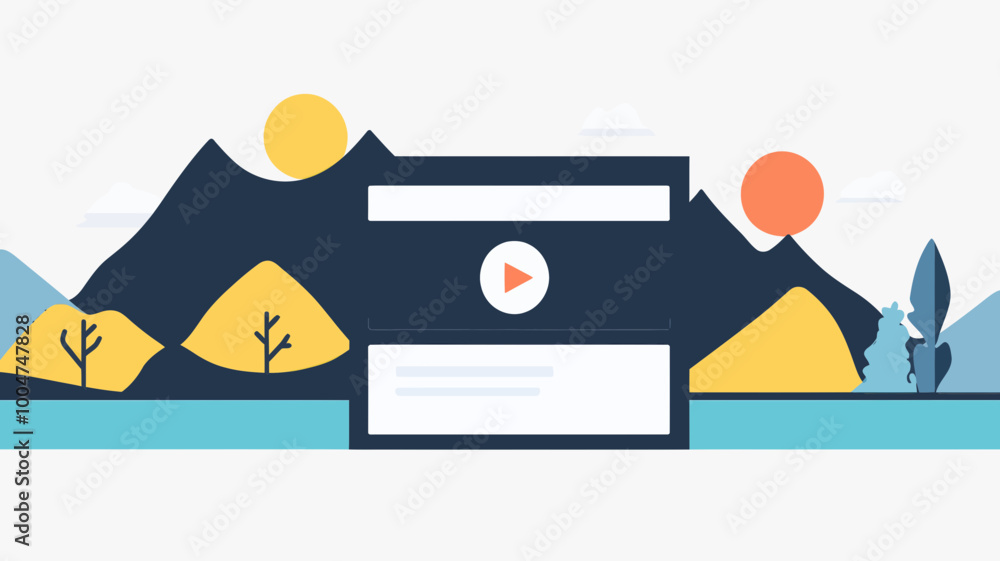 Poster flat style design slider vector with mountains and play button for websites or presentations, minima