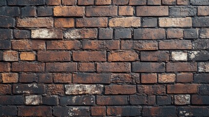 Fototapeta premium A textured brick wall with varying shades of brown and black, showcasing an aged and rustic appearance, This image can be used for backgrounds, interior design projects, or artistic displays,