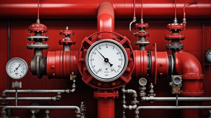 A detailed view of intricate gauges and a red valve on a complex industrial pipeline system.