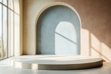 A minimalist interior space featuring soft-toned walls and a circular platform, illuminated by natural light, Ideal for showcasing products, hosting events