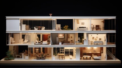 A detailed, multi-level miniature house model displays various rooms in an engaging cross-sectional view.