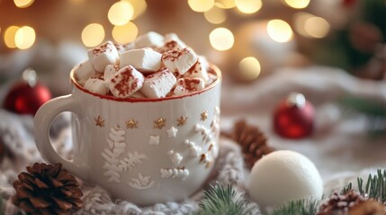 Hot chocolate with marshmallows in a festive mug, winter and Christmas celebration concept