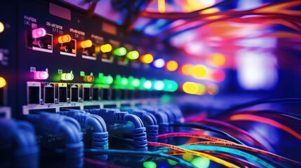 A dynamic close-up of a server rack, with multicolored network cables and LED indicators glowing, illustrating the vibrant connectivity and data flow in a tech infrastructure.