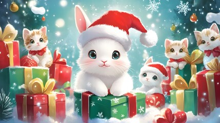 A kawaii Christmas card with a cute white rabbit in a Santa hat, surrounded by vibrant presents and cheerful kittens wearing Santa suits, with a large white border for writing