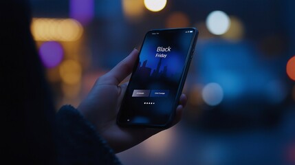 Close-up of a hand holding a smartphone displaying "Black Friday" text, symbolizing online shopping excitement during Cyber Monday and Christmas sales, highlighting discounts and promotions