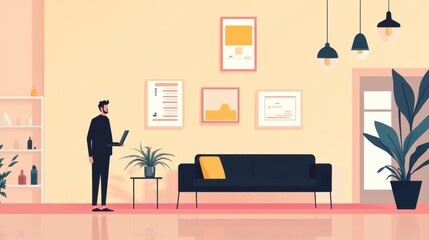 Man working on laptop in a modern minimalist office with vibrant decor, creative workspace concept