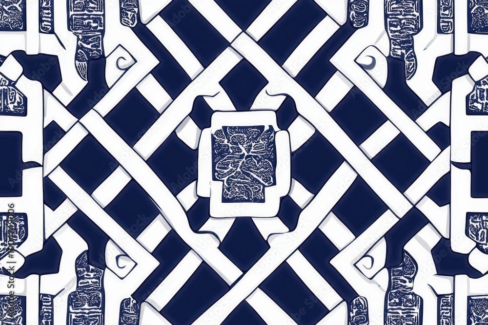 Poster a navy blue and white pattern with the design of ribbons on an open square tile generative ai