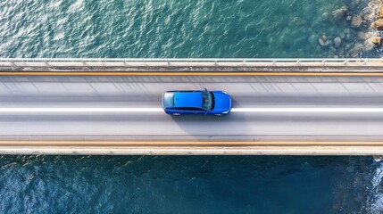 Blue car driving on bridge asphalt road above the sea or ocean water coast.