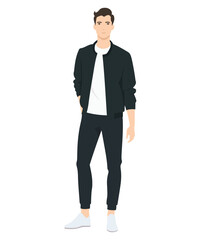 Vector illustration of a man in a black jacket, white t-shirt and black pants. Classic casual style