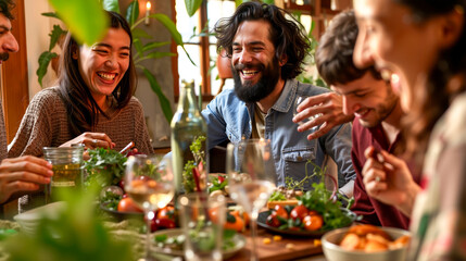 A group of people sitting around a table eating food together