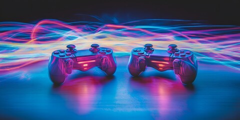Vibrant gaming controllers with colorful light trails