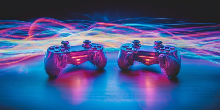 Vibrant gaming controllers with colorful light trails - Powered by Adobe