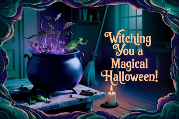Greeting card, Witch’s cauldron bubbling with magic, "Witching You a Magical Halloween" greeting