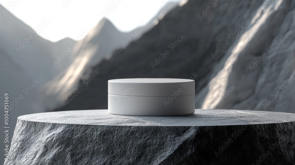 Poster a white object is on a rock in front of a mountain
