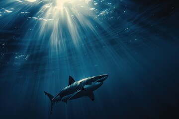 Obraz premium Majestic Great White Shark Swimming in Deep Blue Ocean Waters with Sunlight Filtering Down
