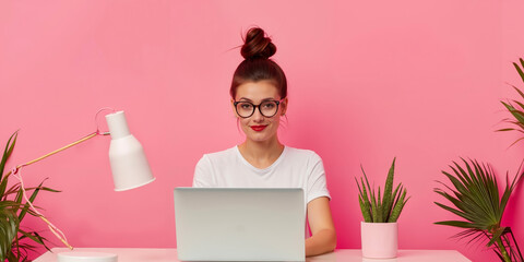 A woman sitting at a desk with a laptop computer