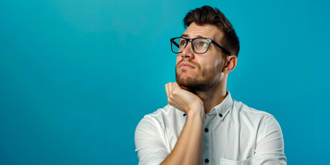 Fototapeta premium A man wearing glasses looking up with his hand on his chin