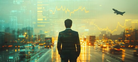 A businessman in a suit stands facing a busy cityscape with glowing data projections and traffic on a road