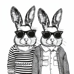 A pair of rabbits or bunnies with clothes and sunglass. Animalism. Anthopomorphic creature. Imitation sketch print in black and white coloring. Illustration for design.