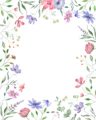 Watercolor floral frame. Hand drawn illustration isolated on white background.