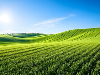 Naklejka premium a vast rural wheat field in spring or summer with blue sky and no clouds