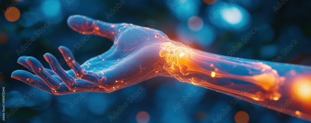 Poster close-up of a futuristic hand with illuminated glowing lines representing technology and innovation 