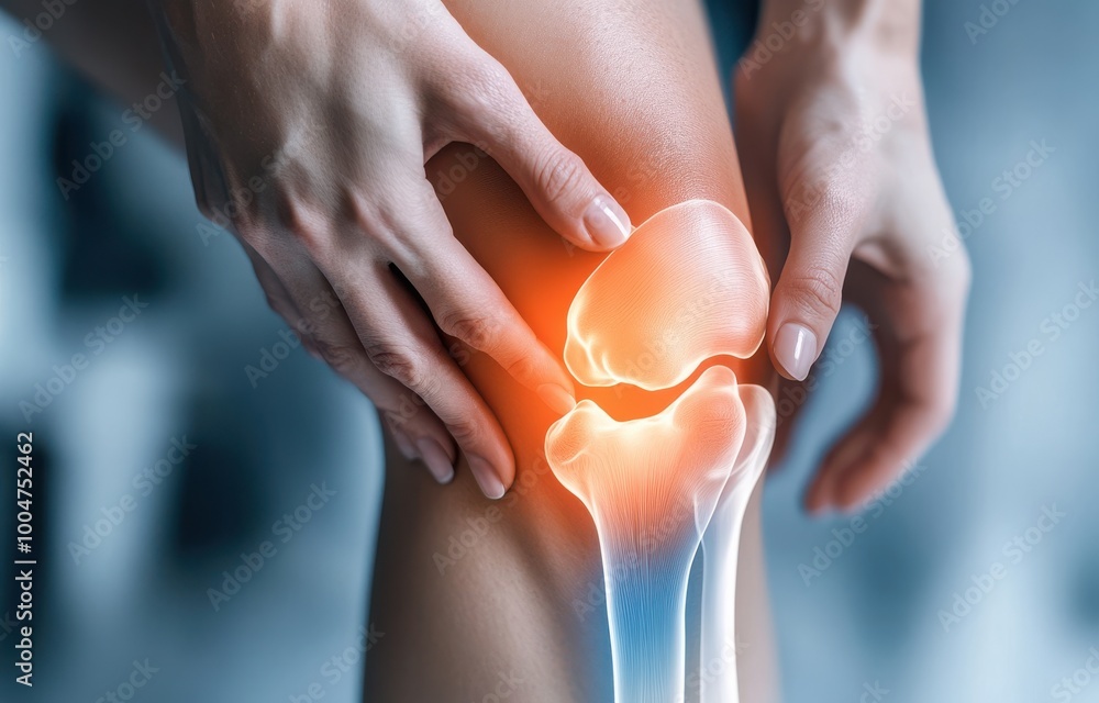 Poster close-up of a knee with x-ray style overlay showing highlighted bones, depicting joint structure and