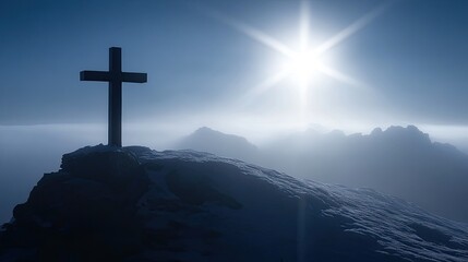 A wooden Christian cross is placed on top of a mountain or hill. A place of worship and remembrance. A sacred place surrounded by nature. Illustration for cover, card, postcard, interior design, etc.