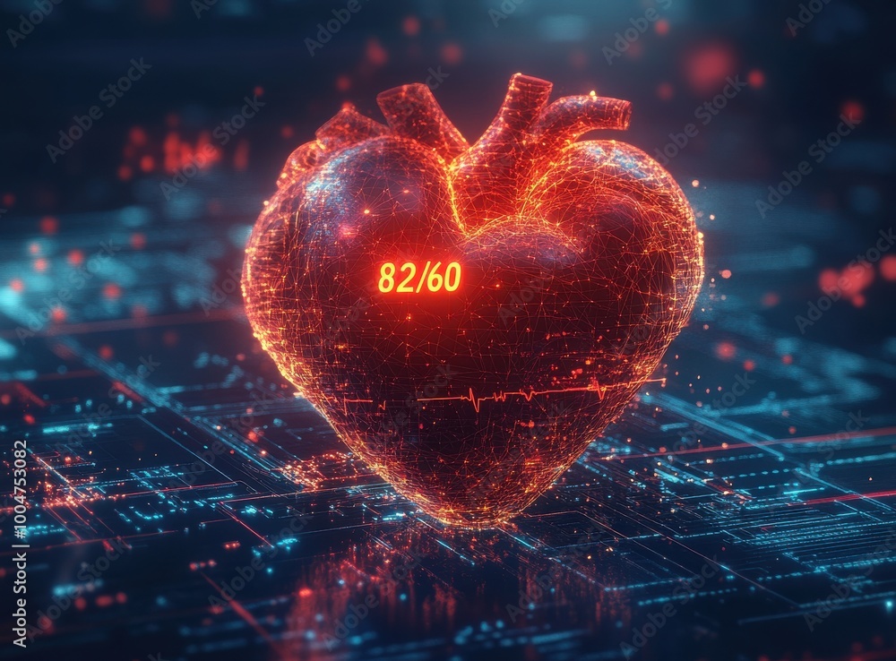 Poster high-tech digital heart with data visualization, showcasing ai integration and futuristic technology