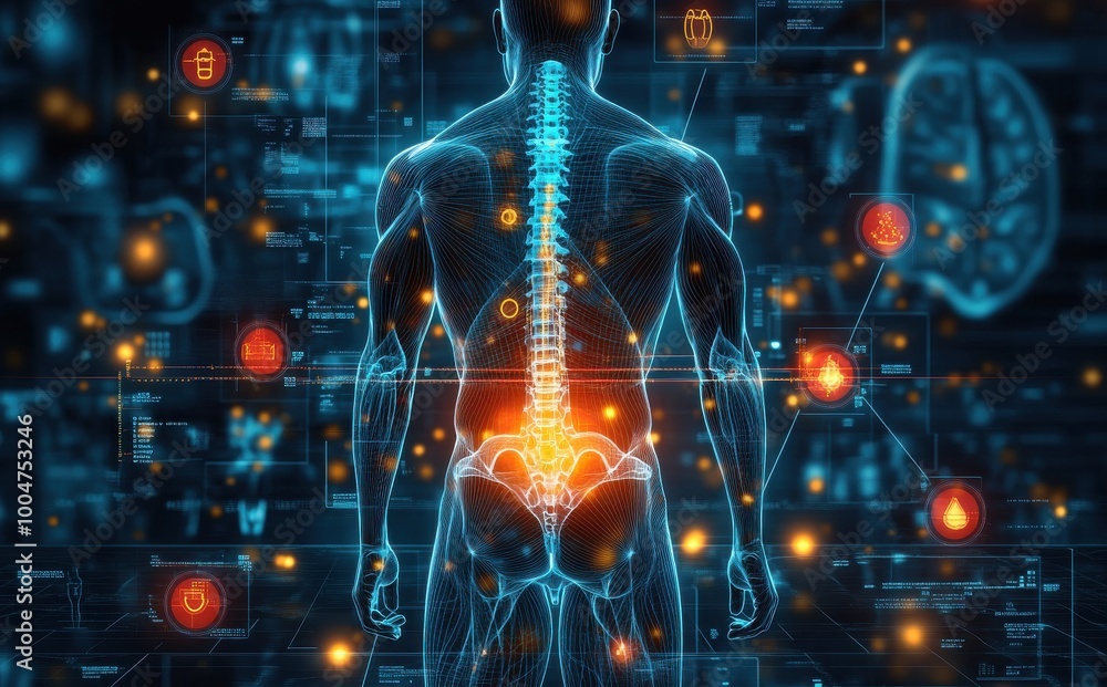 Poster digital illustration of a human body highlighting the spine and nervous system with futuristic data 