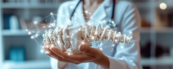 Doctor holding an anatomical spine model with digital network overlay indicating medical innovation