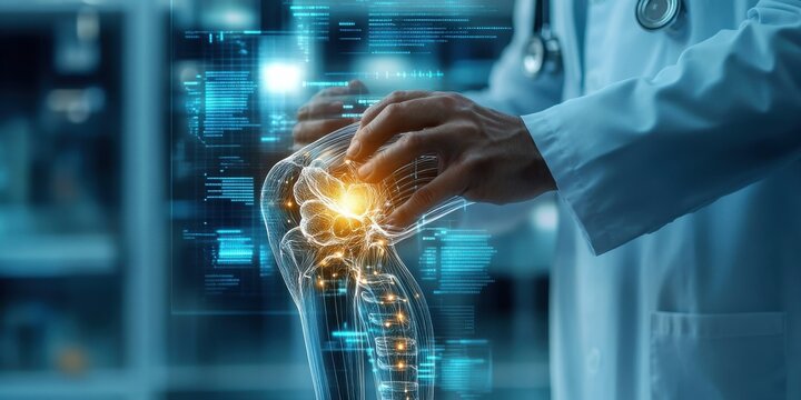 Doctor holding human knee joint with digital holographic data overlay in a futuristic medical setting showcasing advanced healthcare technology. - Powered by Adobe