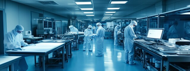 Scientists in cleanroom attire conducting research and experiments in a high-tech laboratory environment