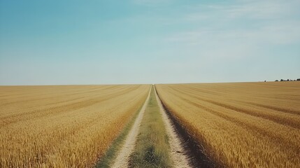 Fototapeta premium Vast rural wheat field in spring or summer with blue sky and no clouds