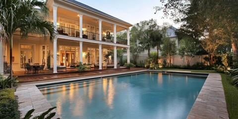 Obraz premium A stunning modern home featuring a large pool and spacious outdoor area. The architecture is inviting and elegant, surrounded by lush greenery. Perfect for relaxation and entertainment. AI