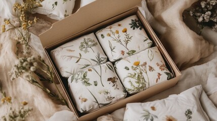 A collection of delicately wrapped gifts featuring botanical prints is arranged in a natural setting with dried flowers and soft fabrics, creating an inviting and calming atmosphere.